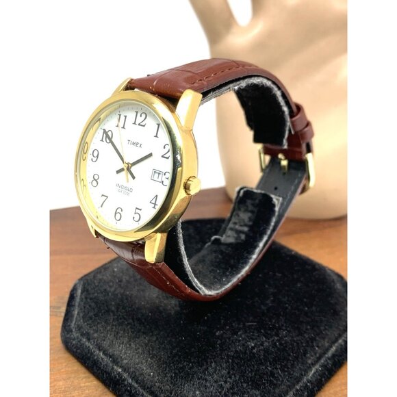 Timex Men's Watch T2H301 Quartz Indiglo White Dial Date Gold Brown Leather 35mm - Picture 2 of 14